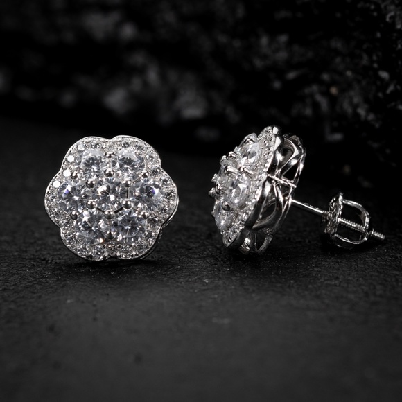 Men's Large 925 Sterling Silver Flower Cluster Hip Hop Screw Back Stud Earrings - Picture 3 of 5